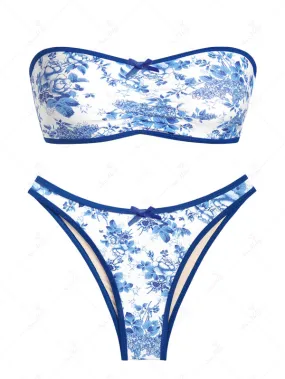 Seamolly Vintage Floral Printed Lace Up Bandeau Bikini Set