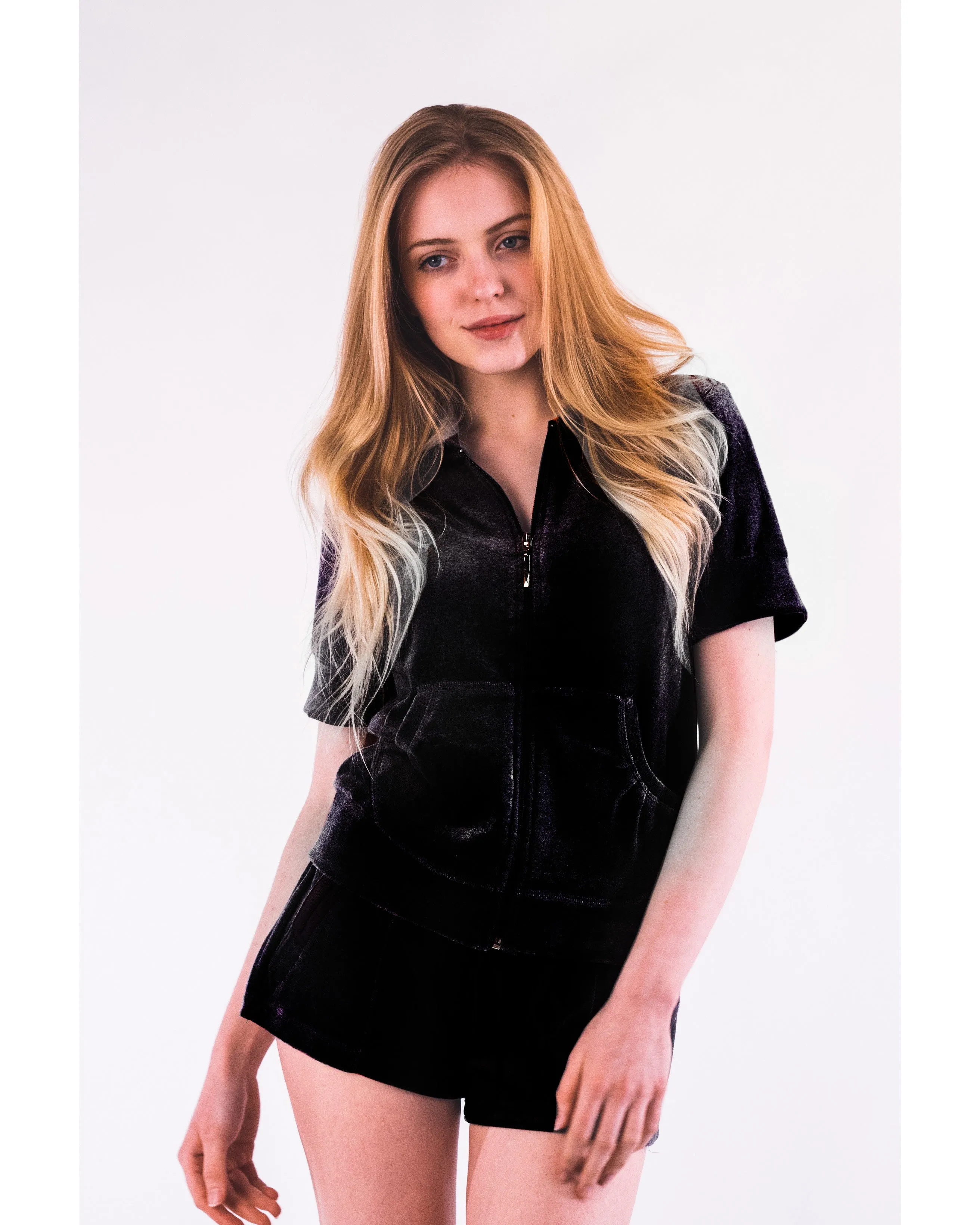 Short sleeves and Shorts Velour Tracksuits (Black)