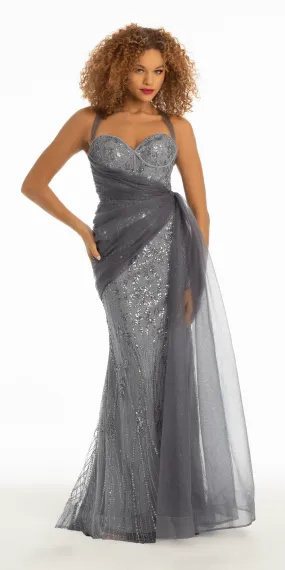 Strappy Back Sequin Glitter Mesh Trumpet Dress with Chiffon Sash