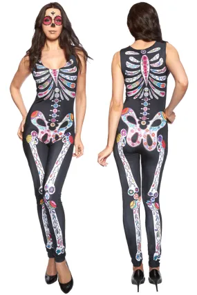 Sugar Skull Adult Womens Halloween Catsuit Costume