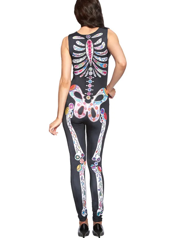 Sugar Skull Adult Womens Halloween Catsuit Costume