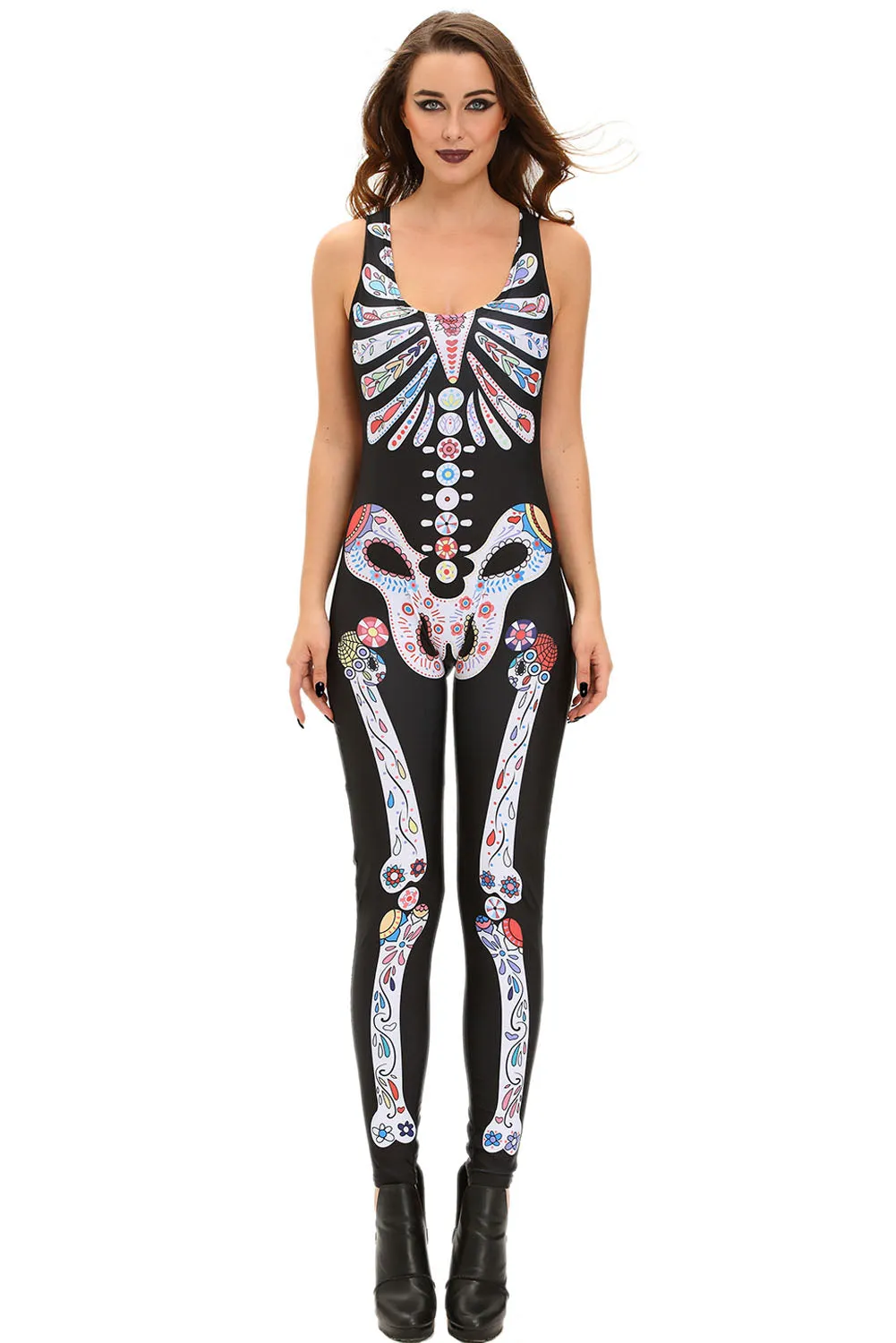 Sugar Skull Adult Womens Halloween Catsuit Costume