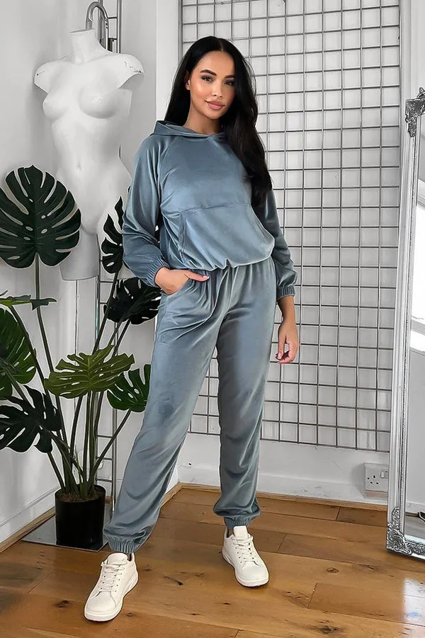 TEAL HOODED SWEATSHIRT & JOGGERS VELOUR TRACKSUIT SET