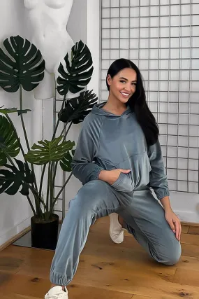 TEAL HOODED SWEATSHIRT & JOGGERS VELOUR TRACKSUIT SET